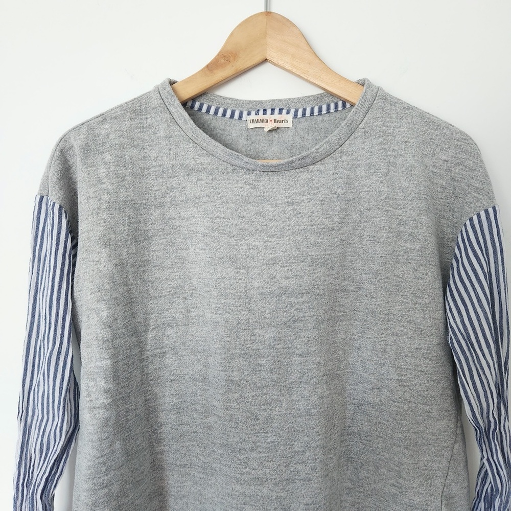 Mixed Media Bell Sleeve Sweatshirt‎ Medium Blue Stripes Preppy Coastal Old Money - Picture 9 of 16